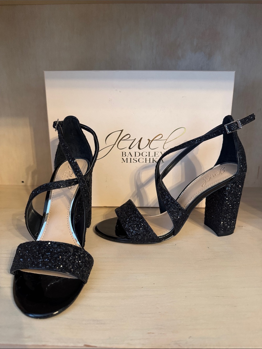 Jewel Badgley Mischka Black Glitter Strappy Block Heel Sandals